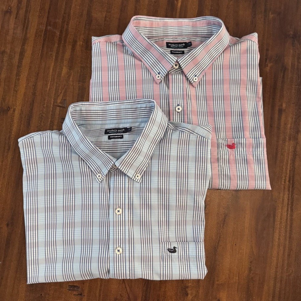 Lot of 2 Southern Marsh Performance Gingham Dress Shirts Mens 2XL Blue Red